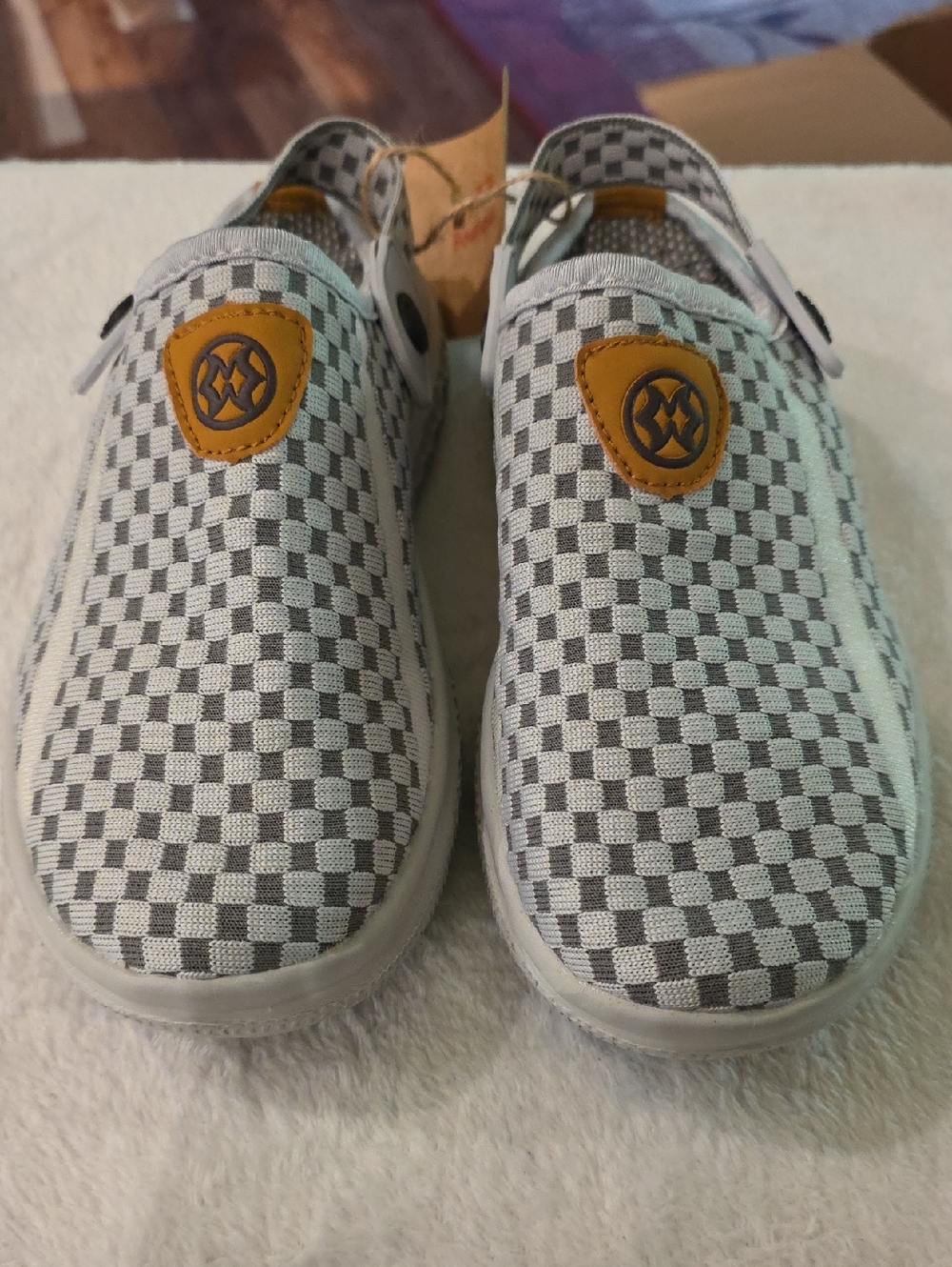 Women’s Checkered Slip-On Mules in Gray and White